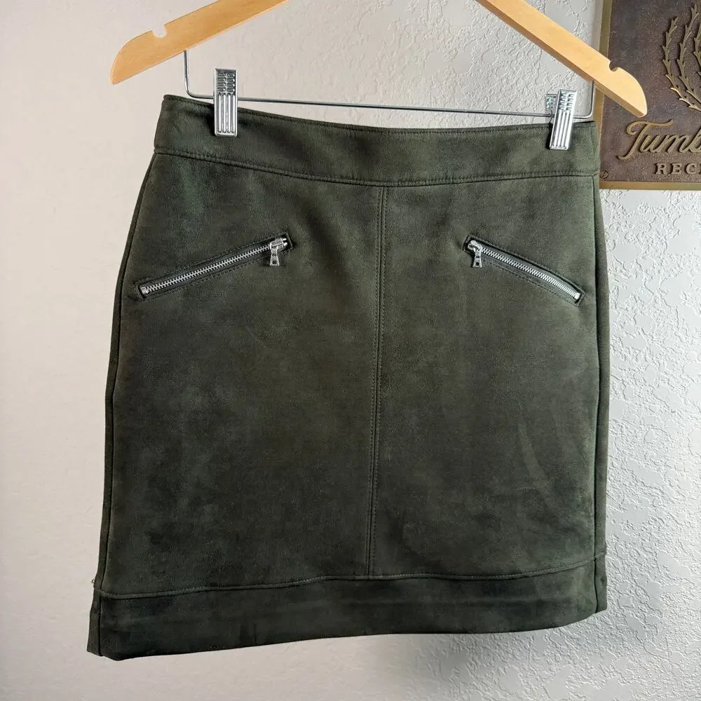 Women's Ann Taylor Loft Olive Green Faux Suede A-Line Mini Skirt Size 4 Petite